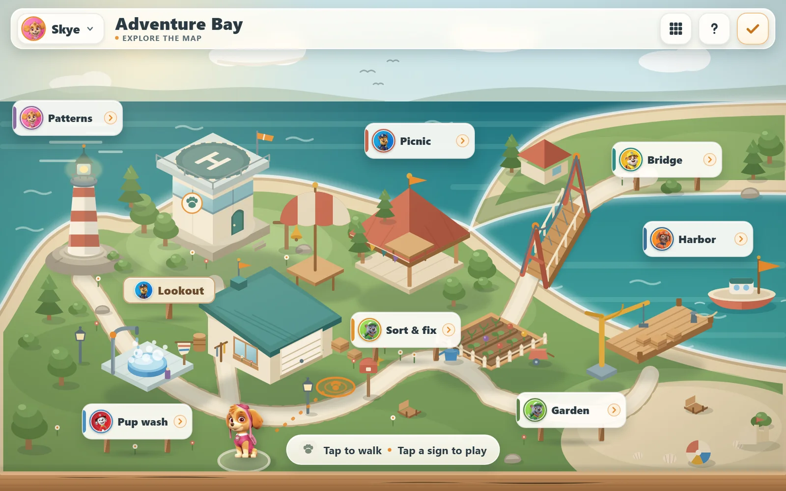 The Adventure Bay map with a sign board for each pup's activity